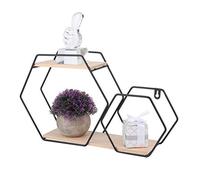 Tomotato ÉTagèRes Murales Non PerforéEs, PréSentoir de Rangement avec 2 éTagèRes Hexagonales Rustiques en Bois pour La DéCoration De La Maison Et du Bureau(Le Noir)