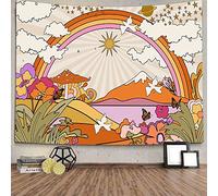 TOMOZ Tapisserie murale vintage des années 70 et 60 rétro groovy avec fleurs, nuages, soleil et arc-en-ciel, orange bohème esthétique à suspendre pour chambre à coucher, salon, dortoir, 152,4 x 139,9
