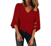 Tomwell Blouse Femme Chemisier Manche 3/4 Trompette Top Chemise Tunique Haut Imprimé Col V en Chemise Lâche Mousseline T Shirt Couleur Unie Décontracté Tops A Vin Rouge XXL