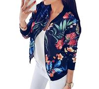 Tomwell Blouson Bomber Femme Mode Manteau Rétro Biker Moto Zipper Court Fleur Imprimer Veste Chic Printemps Automne À Manches Longues A Bleu Foncé 34
