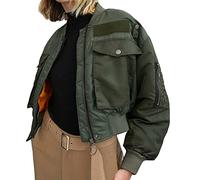 Tomwell Bombers Jacket Femme Blouson Parka pour Femme Mi-Saison Manteau Court Utility Jacket Veste Vert Armée Casual Zipper Veste Bomber avec Poches Armée Verte XS