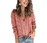 Tomwell Cardigans Femme Couleur Unie Grande Taille Manche Longue Tricot Évider Col en V Cardigans Pull Casual Col V avec Boutons Veste Chic Cardigan Chemise A Rose M