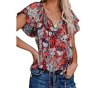 Tomwell Chemisier Femme Col V Blouse Élégant Haut Manches Courtes Tunique Ample Fluide Mousseline de Soie Chic Vintage T-Shirt Femme Tops Mousseline Décontracté Sweat C Bleu XXL