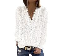 Tomwell Chemisiers Femme Dentelle Col V Tunique Haut à Manches Longues Pullover Élégant Chic Tee Shirt Casual Tops Blanc XXL