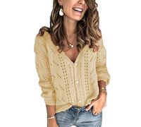 Tomwell Femme Couleur Unie Grande Taille Manche Longue Tricot Évider Col en V Cardigans Pull Casual Col V avec Boutons Veste Chic Cardigan Chemise Beige XL