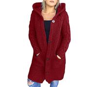 Tomwell Femme Gilets Cardigan Long en Tricoté Veste Capuche Veste en Tricot Chaud Hiver Pull Ouvert Manteau Chaud Épais A Vin Rouge XL