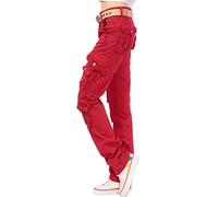 Tomwell Femme Jeans Cargo Denim Pantalons Multi Poche Stretch Denim Pantalon Taille Skinny Crayon Pantalon Jean Troué Pantalons Jeggings Pants Casual Rétro Rouge Small