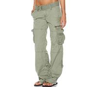 Tomwell Femme Mode Cargo Pantalon Casual Vintage Multi Poche Baggy Straight Slim Pantalon Taille Haute Streetwear Trousers Z Vert Small