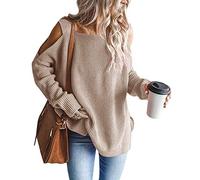 Tomwell Femme Pull Oversize Sports Pullover Chandail Casual Pull Femme Col V Tricoté Épaule Dénudée Pull Long à Manches Longues Top A KakiM