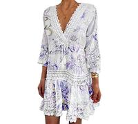 Tomwell Femme Robe en Dentelle à Épaules de Style Princesse Été De Plage Rétro Casual Robes Ample Décontractée de Couleur Unie Robes