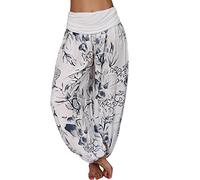 Tomwell Femme Sarouel Éte Floral Imprimer Élastiquée Taille Pantalon Large Taille Haute Rétro Sarouel Fluide Décontractée Yoga Pants A Blanc 3XL