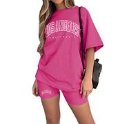 Tomwell Femmes Survêtement Casual Ensemble 2Pcs Suit Ample Manches Courtes Col Rond Été Oversize T-Shirt Imprimé + Legging Courts Short Jogging Sportswear Femme Yoga Fitness A Rose XL