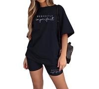 Tomwell Femmes Survêtement Casual Ensemble 2Pcs Suit Ample Manches Courtes Col Rond Été Oversize T-Shirt Imprimé + Legging Courts Short Jogging Sportswear Femme Yoga Fitness E Noir XXL