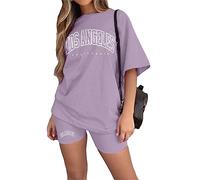 Tomwell Femmes Survêtement Casual Ensemble 2Pcs Suit Ample Manches Courtes Col Rond Été Oversize T-Shirt Imprimé + Legging Courts Short Jogging Sportswear Femme Yoga Fitness A Violet M