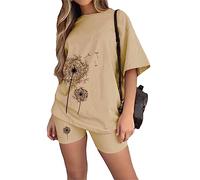 Tomwell Femmes Survêtement Casual Ensemble 2Pcs Suit Ample Manches Courtes Col Rond Été Oversize T-Shirt Imprimé + Legging Courts Short Jogging Sportswear Femme Yoga Fitness C Kaki L