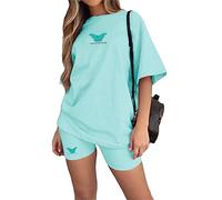 Tomwell Femmes Survêtement Casual Ensemble 2Pcs Suit Ample Manches Courtes Col Rond Été Oversize T-Shirt Imprimé + Legging Courts Short Jogging Sportswear Femme Yoga Fitness B Bleu M