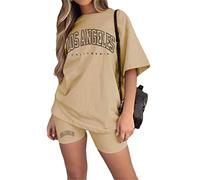 Tomwell Femmes Survêtement Casual Ensemble 2Pcs Suit Ample Manches Courtes Col Rond Été Oversize T-Shirt Imprimé + Legging Courts Short Jogging Sportswear Femme Yoga Fitness A Kaki S