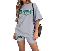 Tomwell Femmes Survêtement Casual Ensemble 2Pcs Suit Ample Manches Courtes Col Rond Été Oversize T-Shirt Imprimé + Legging Courts Short Jogging Sportswear Femme Yoga Fitness D Gris XS