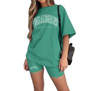 Tomwell Femmes Survêtement Casual Ensemble 2Pcs Suit Ample Manches Courtes Col Rond Été Oversize T-Shirt Imprimé + Legging Courts Short Jogging Sportswear Femme Yoga Fitness A Vert XL