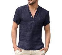 Tomwell Homme Chemise en Lin Mode Casual Confortable Respirant Hommes Chemises Solid Manches Longues Slim Fit Mode Chemise Ample Plage Party Ete Blouse Tee Shirt Tops Y Marine L