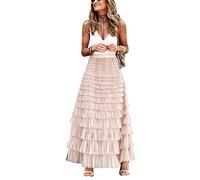 Tomwell Jupe Femme Été Robe Taille Haute Jupe en Tulle Décontractée Robe Retro Swing Cocktail Party Jupe Élastiques Vintage Jupe Plissée de Couleur Unie A Rose L