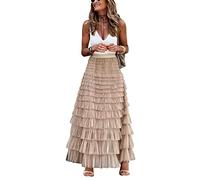 Tomwell Jupe Femme Été Robe Taille Haute Jupe en Tulle Décontractée Robe Retro Swing Cocktail Party Jupe Élastiques Vintage Jupe Plissée de Couleur Unie A Kaki L