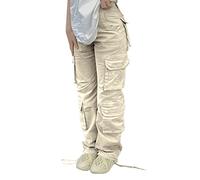 Tomwell Pantalon Cargo Femme Vintage Multi-Poches Baggy Taille Haute Hip Hop Sweatpants Straight Combat Pantalon Sportive Pantalon de Jogging Trousers Y2k Streetwear F Beige XS