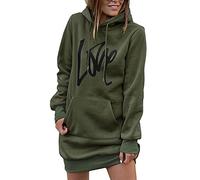 Tomwell Robe Casual Femme Col Rond Manche Longue Sweat à Capuche Impression de Lettres Décontracté Mini Robe avec Poche Pullover A Armée Verte M