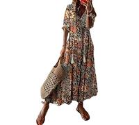 Tomwell Robe Longue Femme Boho Floral Manches Courtes Col V Robe Portefeuille Robe Sexy Casual Maxi Robe de Plage Soirée B Kaki XXL