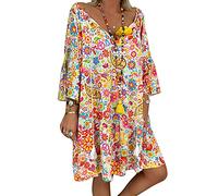 Tomwell Robe Polka Dot Col V Lâche Manches 3/4 Imprimé Mi-Longue Robe Décontracté Manche Courte Robes Ete Plage Robe Femme Sexy Chic Léopard Robe de Plage Bohème Robe A Jaune XXL