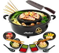 TomYang Hot Pot électrique avec accessoires Premium - Couteau Santoku, 6 pinces de grillade, vaisselle asiatique, Fondue Chinoise, Barbecue Coréen, plus de 100 vidéos recettes, Le Electric Thai BBQ
