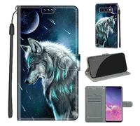 TOMYOU Coque pour Coque pour Samsung Galaxy S10 Plus, Fermeture Magnétique Pochette Protection Housse avec Fentes pour Cartes Étui Loup