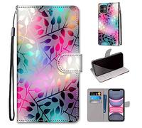 TOMYOU Coque pour iPhone 11, Étui en Cuir PU Portefeuille avec Fentes pour Cartes, Fonction Kickstand, Anti Rayures, Pic:26, Feuille, Unisex, 6.1