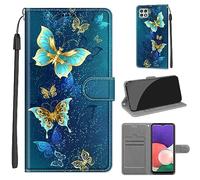 TOMYOU Coque pour Samsung Galaxy A22 5G, Fermeture Magnétique Pochette Protection Housse avec Fentes pour Cartes Étui Papillon Vert