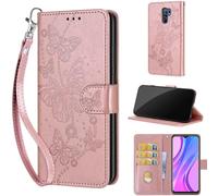 TOMYOU Coque pour Xiaomi Redmi 9 / Poco M2, Papillon Rose Or | Protection Anti-Choc Etui, Magnétique Cuir Portefeuille, Fentes Cartes,Flip Housse, Fonction Stand
