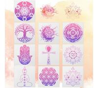 TONAUP Lot de 10 pochoirs de géométrie sacrée - En plastique - Pour yoga, lotus, fleurs, arbre de vie, hamsa, main, soleil, lune - Réutilisables - Pour la maison, le mur, le sol