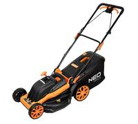 NEO TOOLS Tondeuse à gazon (1800 W, largeur de coupe de 44 cm, fonction mulching, panier de ramassage de 45 l) Tondeuse à gazon électrique, coupe de 25 à 75 mm, poignée pliable avec hauteur réglable