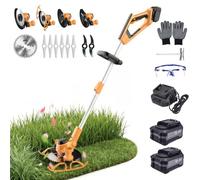 Tondeuse à gazon sans fil avec roues, batterie 4000 mAh et chargeur, largeur de coupe de 30 cm, 3 types de 9 lames, coupe-bordure télescopique léger, coupe-bordure et débroussailleuse (noir + jaune)