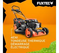 FUXTEC 4en1 Tondeuse Thermique Démarrage Électrique FX-RM5196eS - Largeur de Coupe 51cm, Système autotracté, Fonction Mulching, Réglage Central de la Hauteur de Coupe, 60L Bac de ramassage