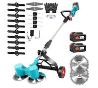 Tondeuse Électrique sans Fil avec Roue Auxiliaire, Débroussailleuse sans Brosse avec Batterie 2x4.0AH, Tondeuse de Jardin avec 3 Types de Lames, Roues Amovibles, Réglage Télescopique pour Pelouse