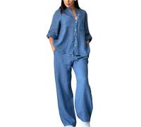 TONEDY Ensemble de Linge de Maison En Coton pour Femmes 2 Pièces, Ensemble Pantalon À Jambes Larges, Ensemble Pantalon Décontracté En Lin À Manches Longues avec Bouton(Style 1,M)