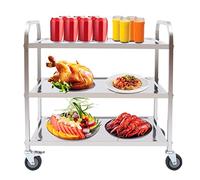 TONFEION Chariot de service en acier inoxydable à 3 étages avec 4 roulettes et freins, capacité de charge 60 kg, chariot de service mobile pour cuisine, bureau, restaurant