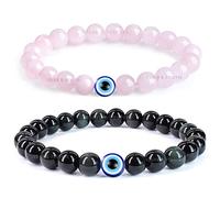 Tongari Lot de 2 paires de bracelets de perles en pierre d'onyx pour homme et femme - Anxiété - Relations à distance - Quartz rose