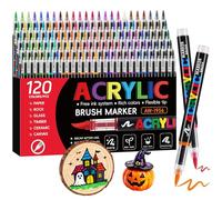 Tongfushop Feutre Acrylique, 120 Ecoulement Direct Acrylic Marker avec Pointe Pinceau, Marqueur Acrylique Intensément Pigmentés pour Adulte Coloriage, Art DIY sur Bois, Toile, Céramique & Verre