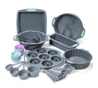 Tongjude 47 Pieces Silicone Baking Pans Set, 6 Silicone Cake Molds, Loaf Pan, Doughnut Pans, Non-Stick Baking Cup, with Measuring Cups and Spoons Set, Grey