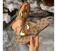 Tongs à glisser imprimées léopard pour femmes, avec décoration de boucle métallique. Sandales de plage plates et confortables EUR36,EUR37,EUR38,EUR39,EUR40,EUR41,EUR42,EUR43Étoffe