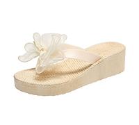 Tongs compensées pour femme avec grandes fleurs - Style bohème - Chaussures de plage d'été - Tongs à talons hauts - Pour piscine, beige, 37.5 EU
