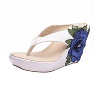 Tongs compensées pour femme - Sandales à talons hauts - Chaussures de marche brodées - Semelles souples - Confortables - Légères - Hausschuhe, blanc, 36 EU