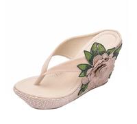 Tongs compensées pour femme - Sandales d'été brodées - Sandales décontractées à talon haut - Pour la plage, les vacances, la marche, kaki, 38.5 EU