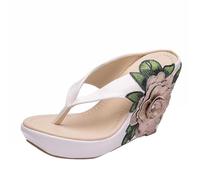 Tongs compensées pour femme - Sandales d'été brodées - Sandales décontractées à talon haut - Pour la plage, les vacances, la marche, beige, 39 EU